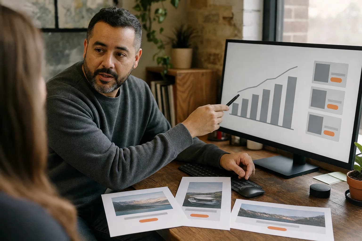 A bearded man in a grey sweater points a pen at a monitor showing a bar and line chart beside three ad tiles, with three printed ad proofs laid out on the wooden desk in front of him.