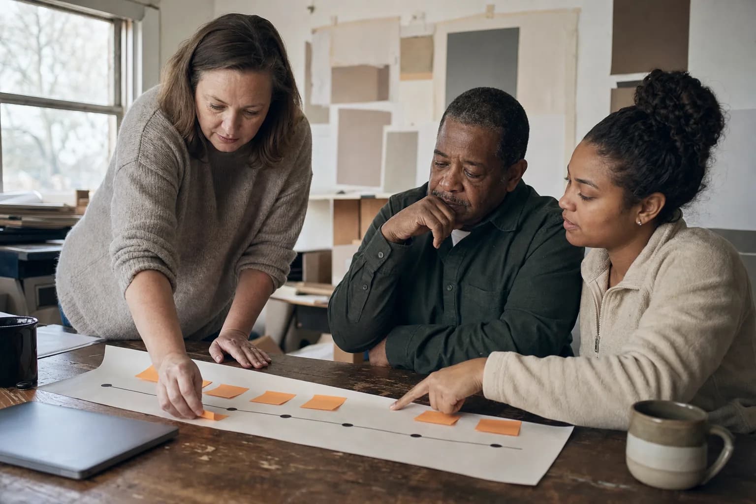 A woman in a grey sweater leans over a long sheet of paper on a table, placing orange sticky notes along a hand-drawn timeline of dots, while a man with his hand at his chin and a younger woman pointing at the next dot follow closely.